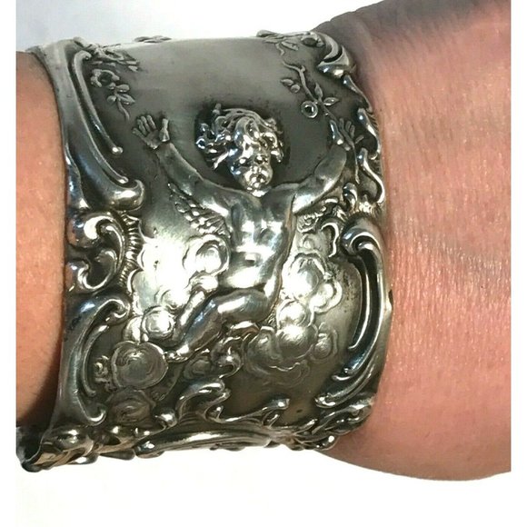 Jewelry - Art Nouveau Cherub Sterling Silver Cuff Bracelet 925 Angel Cupid Victorian Wide